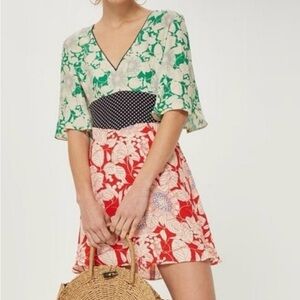 Topshop Floral Women’s Dress US 4 | Green Red Polka Dot Empire Waist Tie Back